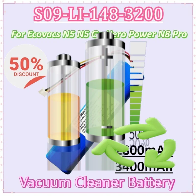 

S09-LI-148-3200 14.8V 2800mAh/3400mAh Vacuum Cleaner Battery for Ecovacs N5 N5 Go Hero Power N8 Pro Rechargeable Lithium Battery