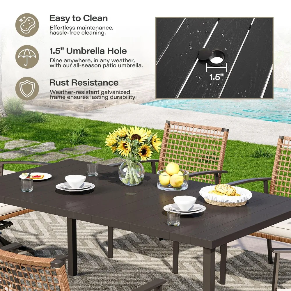 

7 Pieces Patio Dining Set, Outdoor Furniture Set of 6 Chairs with Soft Cushion and Iron Slats Table Top with, Customized
