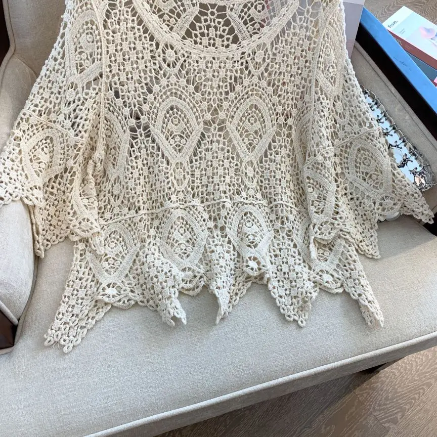 REALEFT Summer Lace Crochet Embroidery Women\'s White Shirts 2024 New Hollow Out Beach Bohemian Flare Sleeve Knitted Tops Female