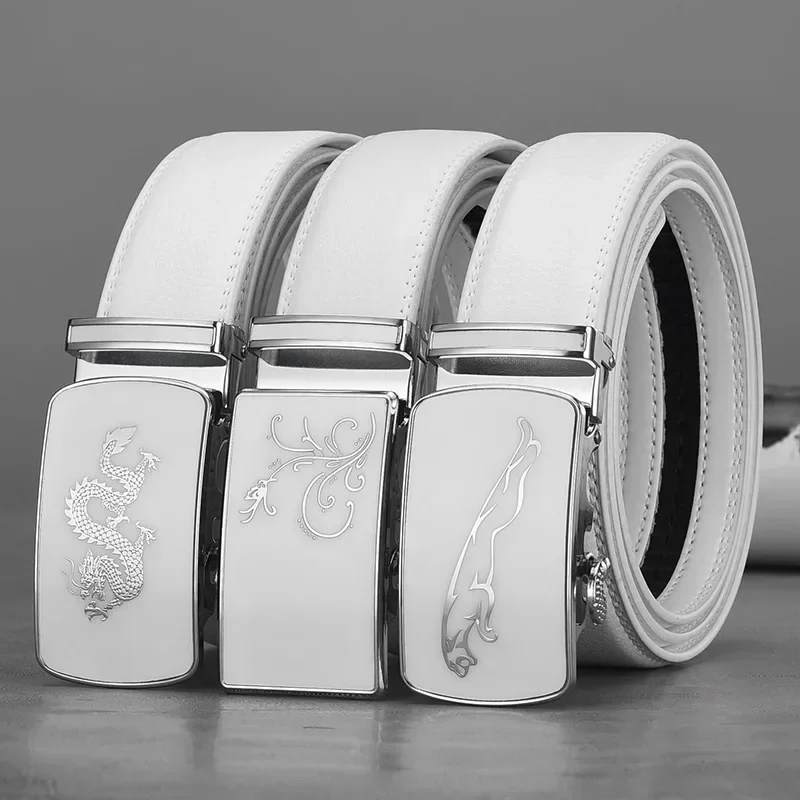 

New White Automatic Buckle Cowhide Belt Chic Casual Commercial Luxury Design High Quality Genuine Leather Waistband for Men