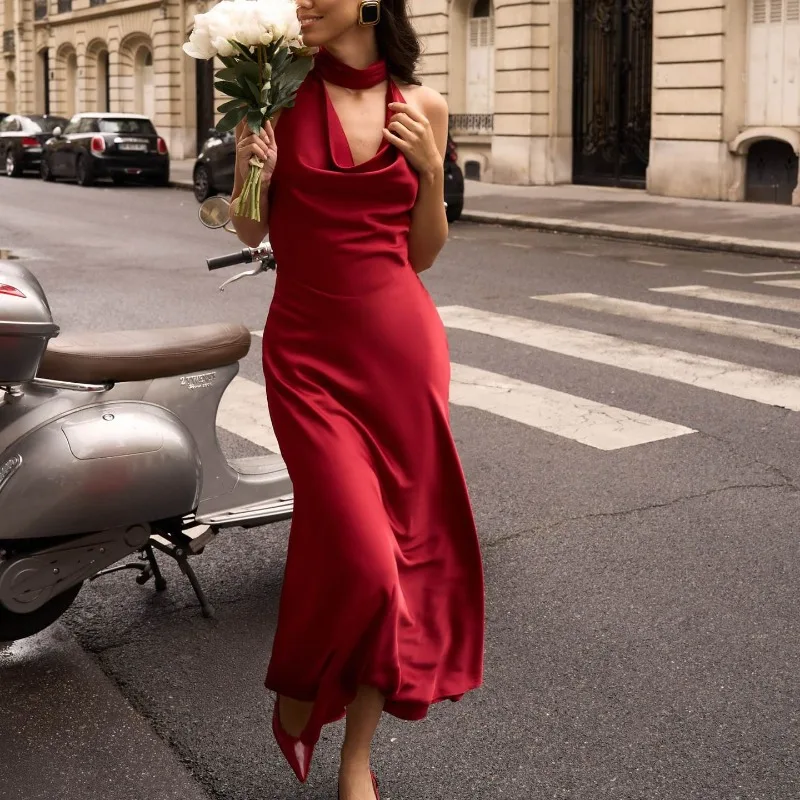 2025 Abito da donna in raso sexy con scollo a V Temperamento Appeso al collo Estate Nuova gonna lunga slim fit Abito senza schienale Vestido Donna Elegante