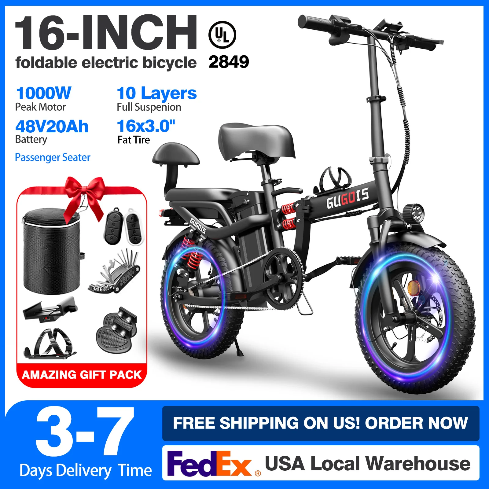 

2 Seater Electric Bike for Adults & Teens, 16 Inch 1000W Foldable Ebike with 48V 20Ah Battery UL2849 Certified, Full Suspension,3.0" Fat Tire, 31 MPH Max Speed, 80 Miles Long Range (PAS Mode), Remote Key and Anti-theft Alarm, Commuter Electric Bicycle
