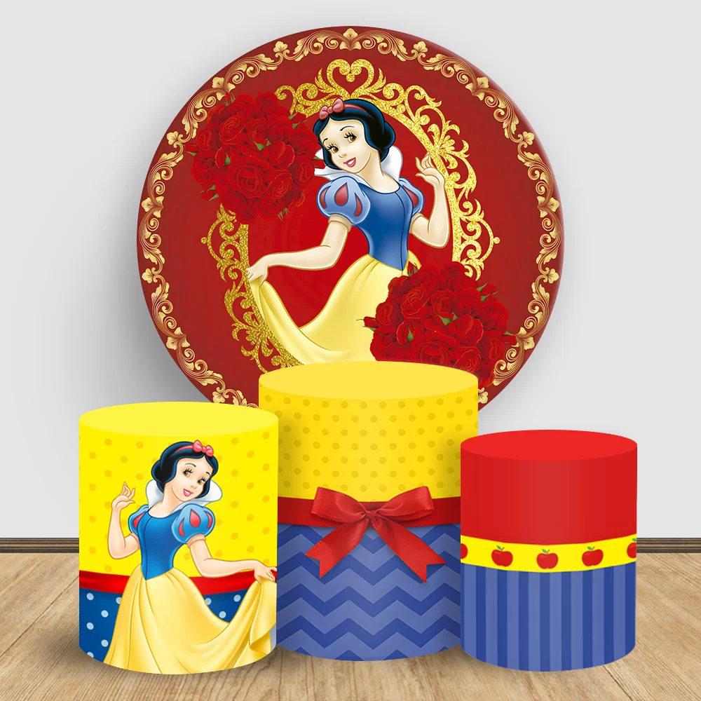 

Snow White Round Backdrop Cover Girls Birthday Party Disney princess Cylinder cake background cloth cover Baby Shower Decor