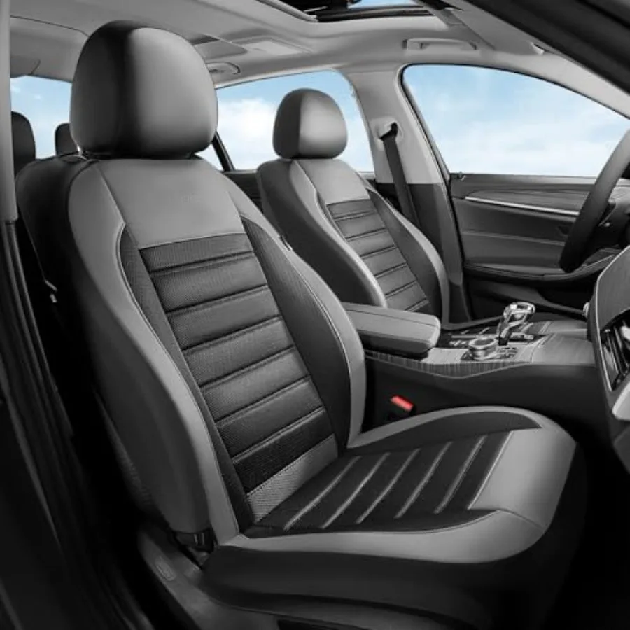 

Роскошные кожаные чехлы на передние сиденья (2 шт.), автомобильные, сетчатые, совместимые с подушками безопасности, черно-серые, для внедорожников, седанов, грузовиков