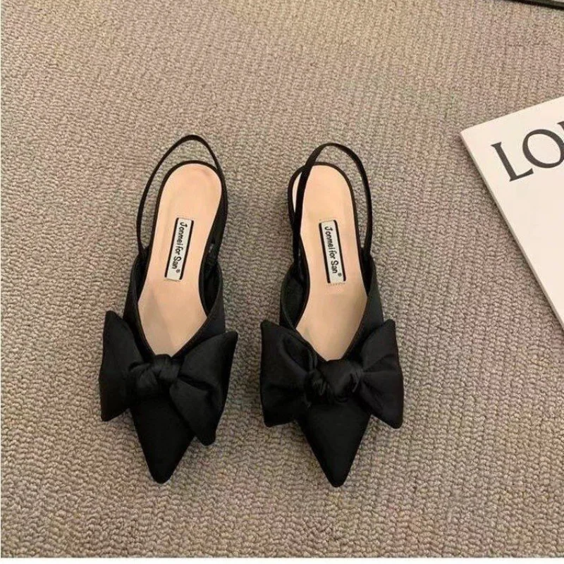 Bow Sandals Women 2024 Summer Pointed Low Heel Sandals Women Fashion Baotou Thin Strap Sandals High Heels Sandalias De Mujer