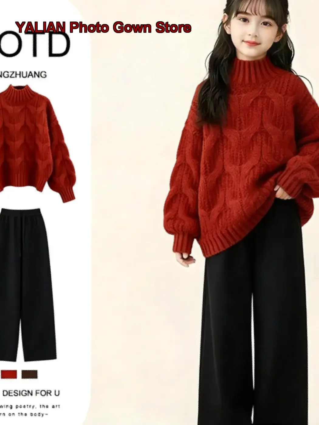 Girls Fall Winter New Year Full Outfit Middle School Girls Older Kids Fleece Lined Knit Top Wide Leg Pants