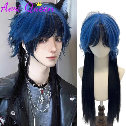 Imagen 1 del producto Peluca sintética de cola de lobo negro y azul, cabeza de taaleta de medusas, resaltado personalizado, peluca larga y recta de alto nivel resistente al calor