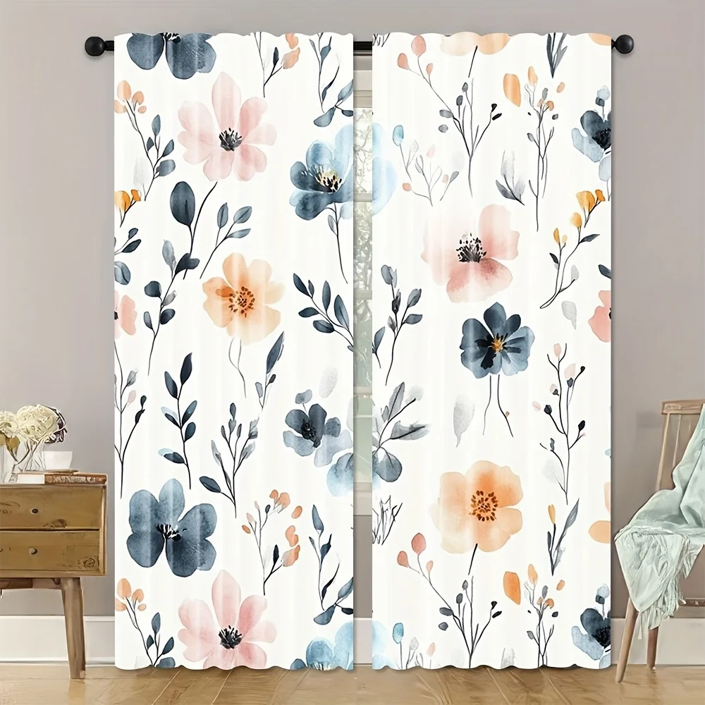 

2pcs, Watercolor Flower Curtains, Spring Blue & Beige Floral Plant Design, Washable Curtains for Modern Farmhoe Du00E9cor