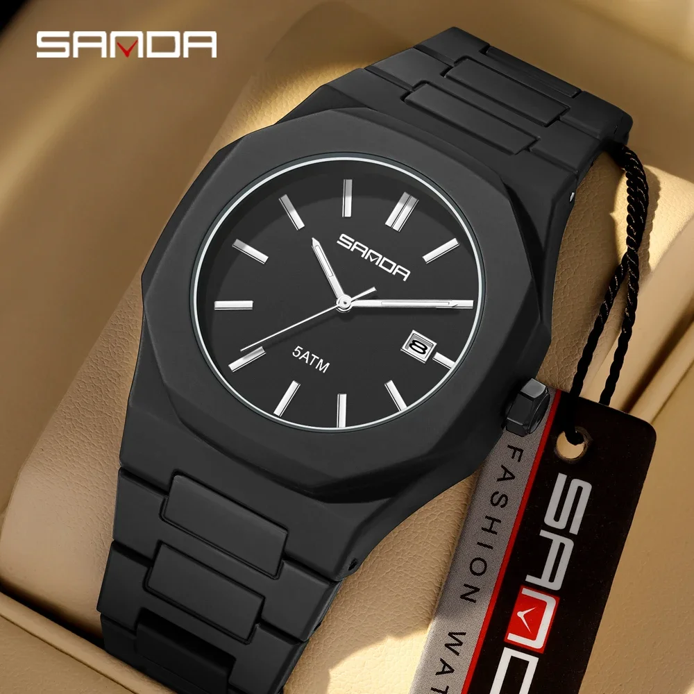 SANDA new fashionable quartz watch for men and women, 5ATM waterproof octagonal simple dial, matte frosted student watch 9091