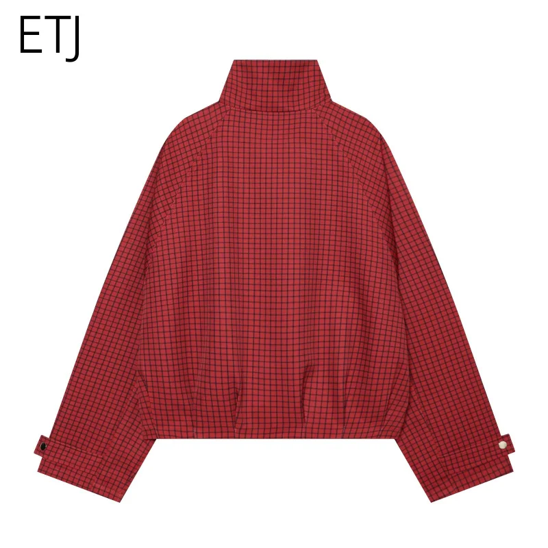 ETJ 2026 Damen Rote Karierte Harrington-Jacke, Kurz Geschnitten, Oversized, Stehkragen, Reißverschluss, Racer-Mantel, Vintage-Gittermuster, Streetwear-Oberbekleidung – Detail 11