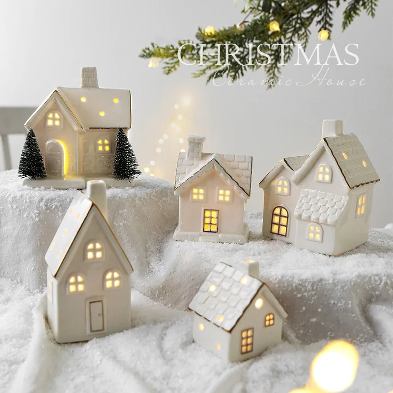 

Christmas Snow House Ornament Ceramic Miniature Village Decor Warm Light Battery Operated Holiday Home Decor White Small House