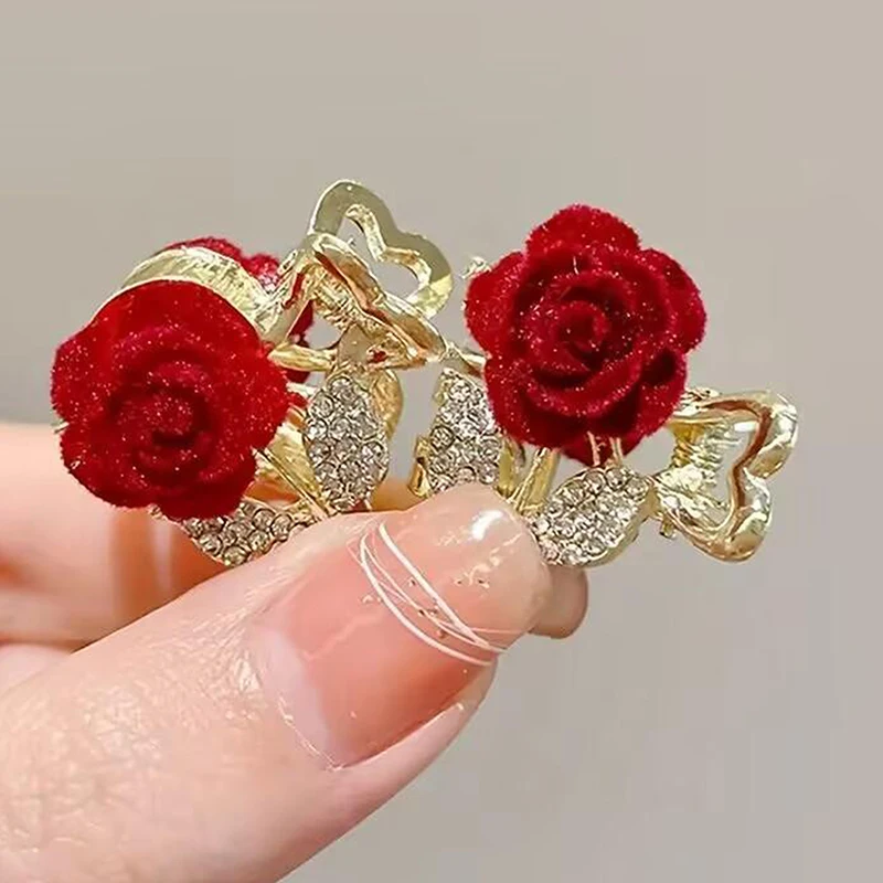 Beautiful Red Rose Metal Mini Hair Claw Pretty Decorative Hair Styling Clips Women Girls Jewelry Craft Accessories