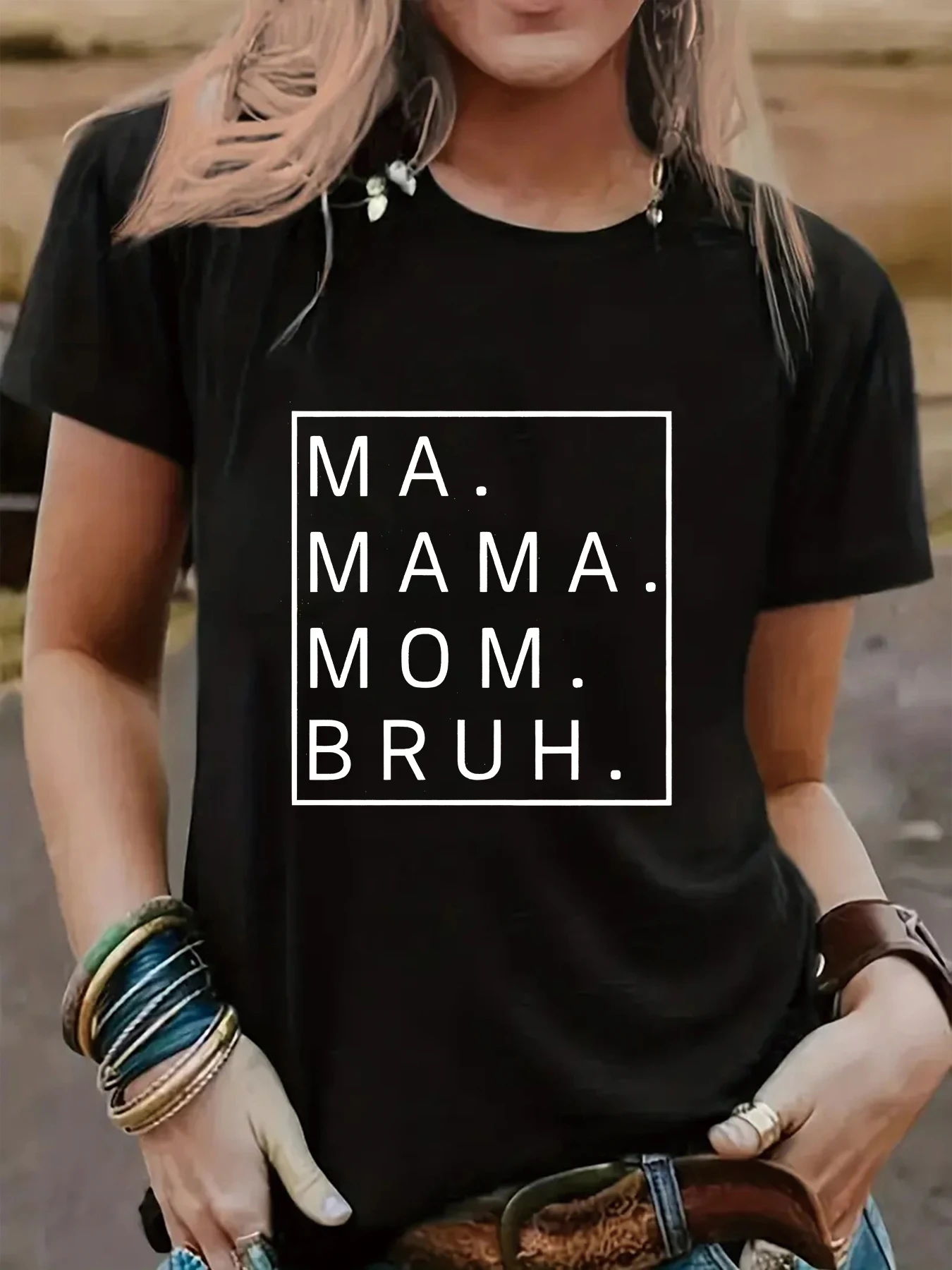 Camiseta con estampado de letras Ma Mama Mom Bruh, divertida camiseta informal y cómoda de cuello redondo, regalo para el día de la madre, 2024