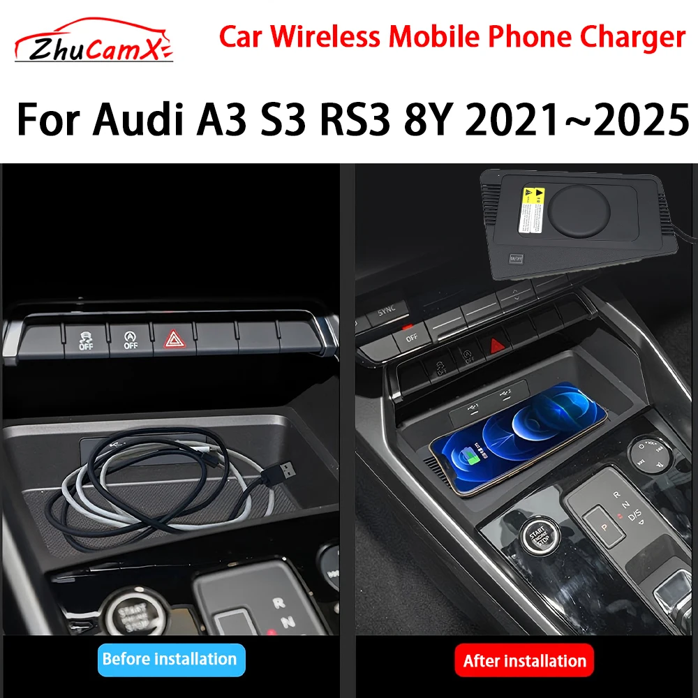Car Wireless Mobile Phone Charger Center Console Storage QI 18W iPhone fast charge for Audi A3 S3 RS3 8Y 2021-2025