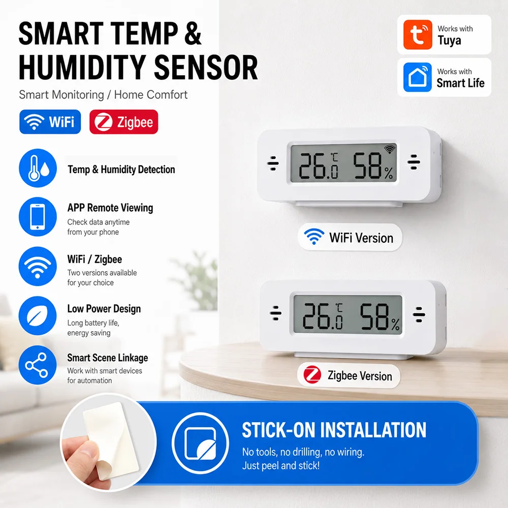 Tuya WiFi Zigbee Mini Temp&Humi Sensor,Smart Home Thermometer Hygrometer w/APP Remote,Works w/Google Home Yandex Alexa