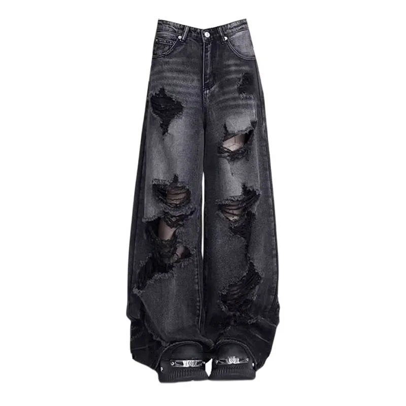 Women's High-waist Straight-leg Pant Loose Pants Y2K Western Jeans High-street Vintage Ripped Girl Jeans Trendy Wide-leg Pants