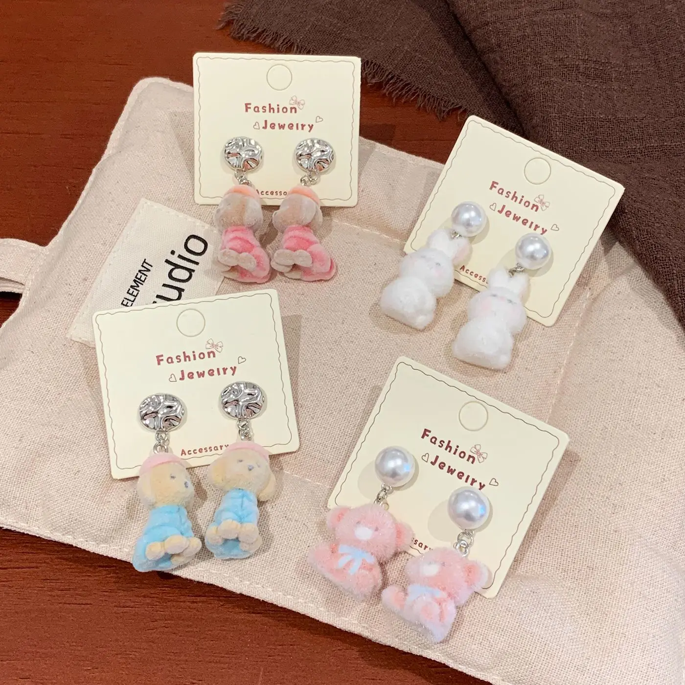New Flocked Bear Puppy Pendant Earrings Women's Silver Needles Exquisite Sweet Furry Cute Cartoon Earrings