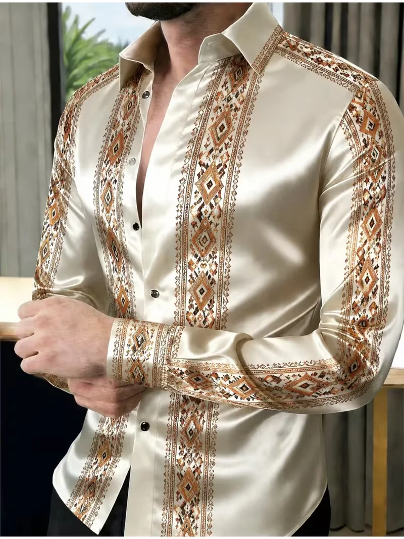 New gray blue background gold brown tropical large leaf plant printed shirt for men, slim fit long sleeved shirt