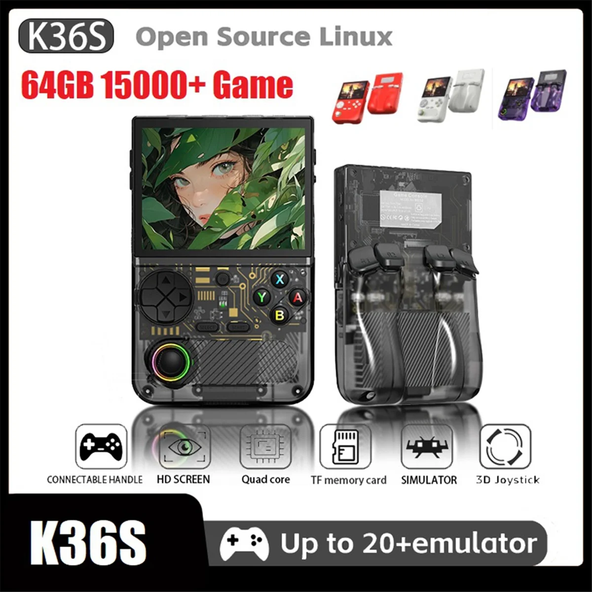 New K36S Retro Handheld Video Game Console 64GB 15000+ Games 3D Joystick Linux WiFi Game Player Up to 20+Emulator C