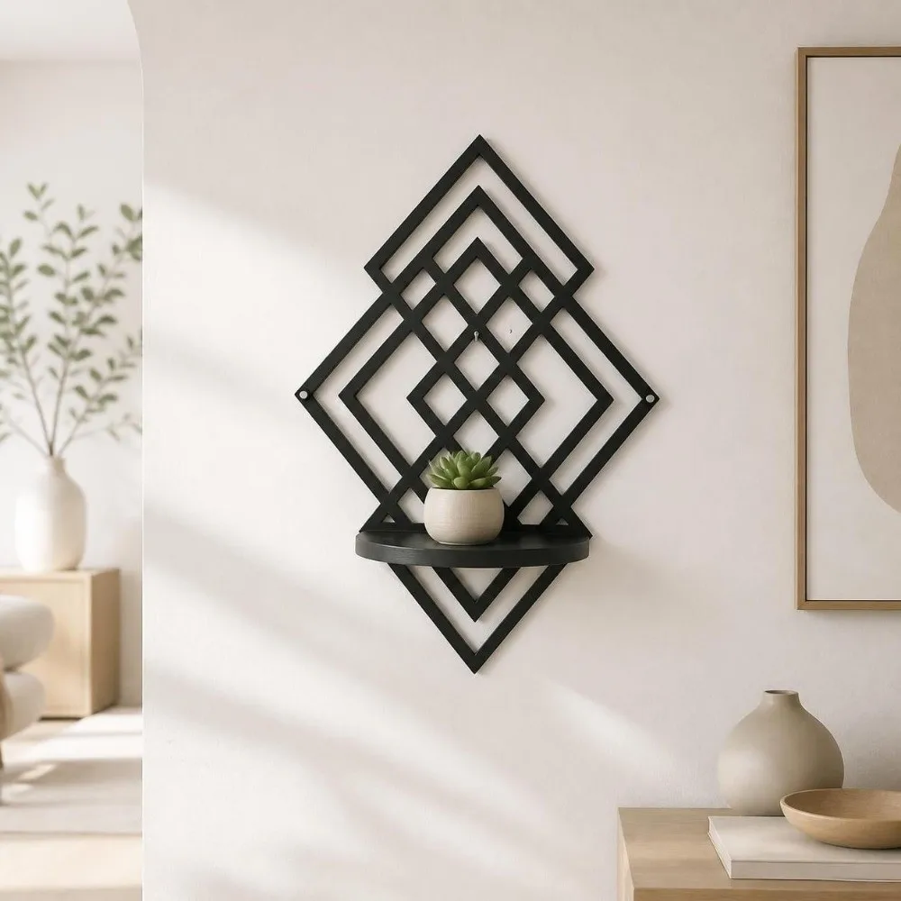 Wooden Wall Mounted Decorative Shelf Geometric Hanging Floating Wall Storage Rack Home Decoration Hollow Out Wall Decor Bedroom