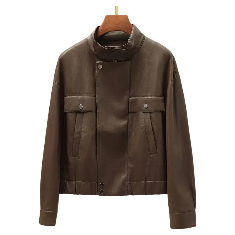 Nova Jaqueta Feminina Retrô Americana de Couro PU com Gola Alta e Caimento Solto