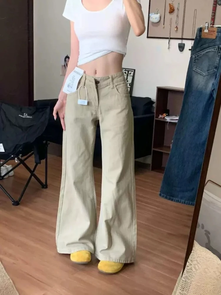 Women Khaki Low Rise Micro Flare Jeans Vintage Korean Style Non-Tight Bootcut Denim Pants Spring Streetwear Fashion Trousers