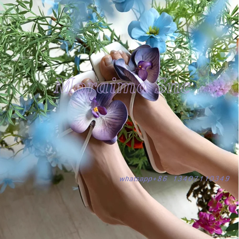 

Phalaenopsis Flower Decor Slippers Square Toe Flat With Slip On Fashion Elegant Women's Shoes Summer Sandals Outdoor Casual 2025
