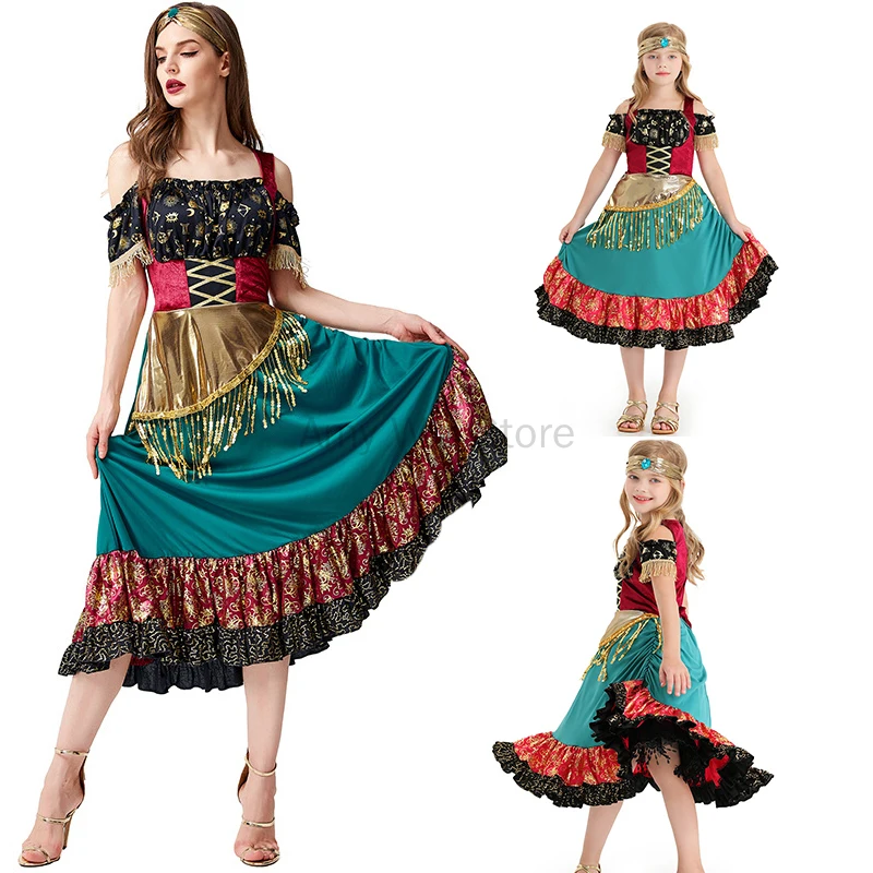 Flamenco Show Gypsy Dress for Girls Halloween Cosplay Princess Irregular Dress Children Waltz Tango Dance Bohemian Sequin Dress