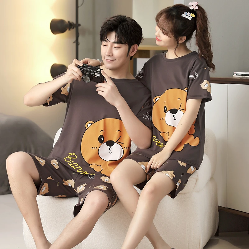 Summer Couple Pajamas Sets Women Pijama Cotton Korean Men Sleepwear Cartoon Bear Cute Lovers Night-Clothes Nightwear 5XL