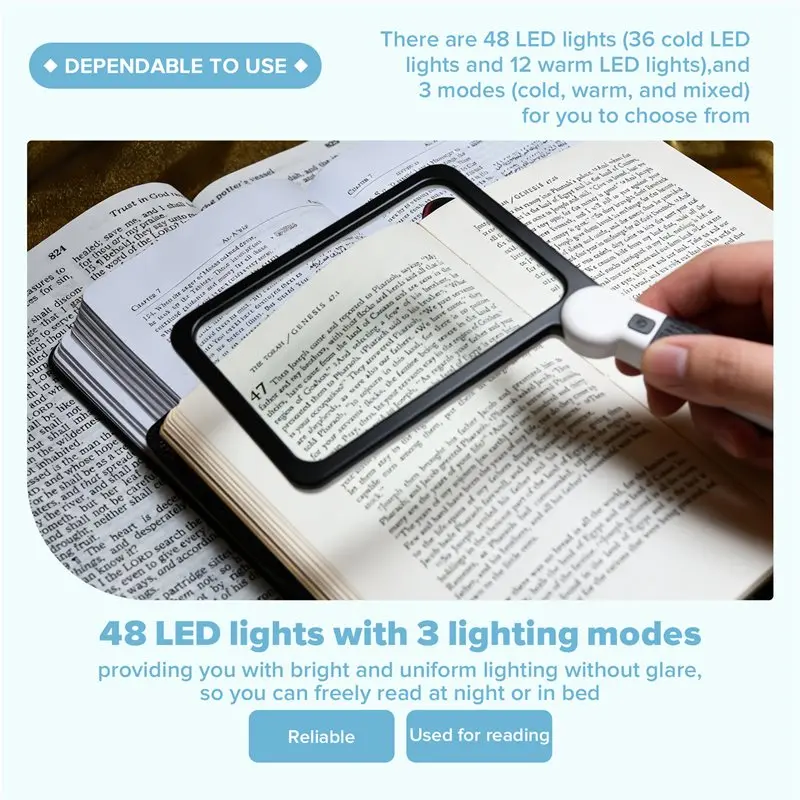 BHBD-Full-Page 5X Magnifying Glass Folding Lighted Magnifier For Reading, With 48 LED Lights