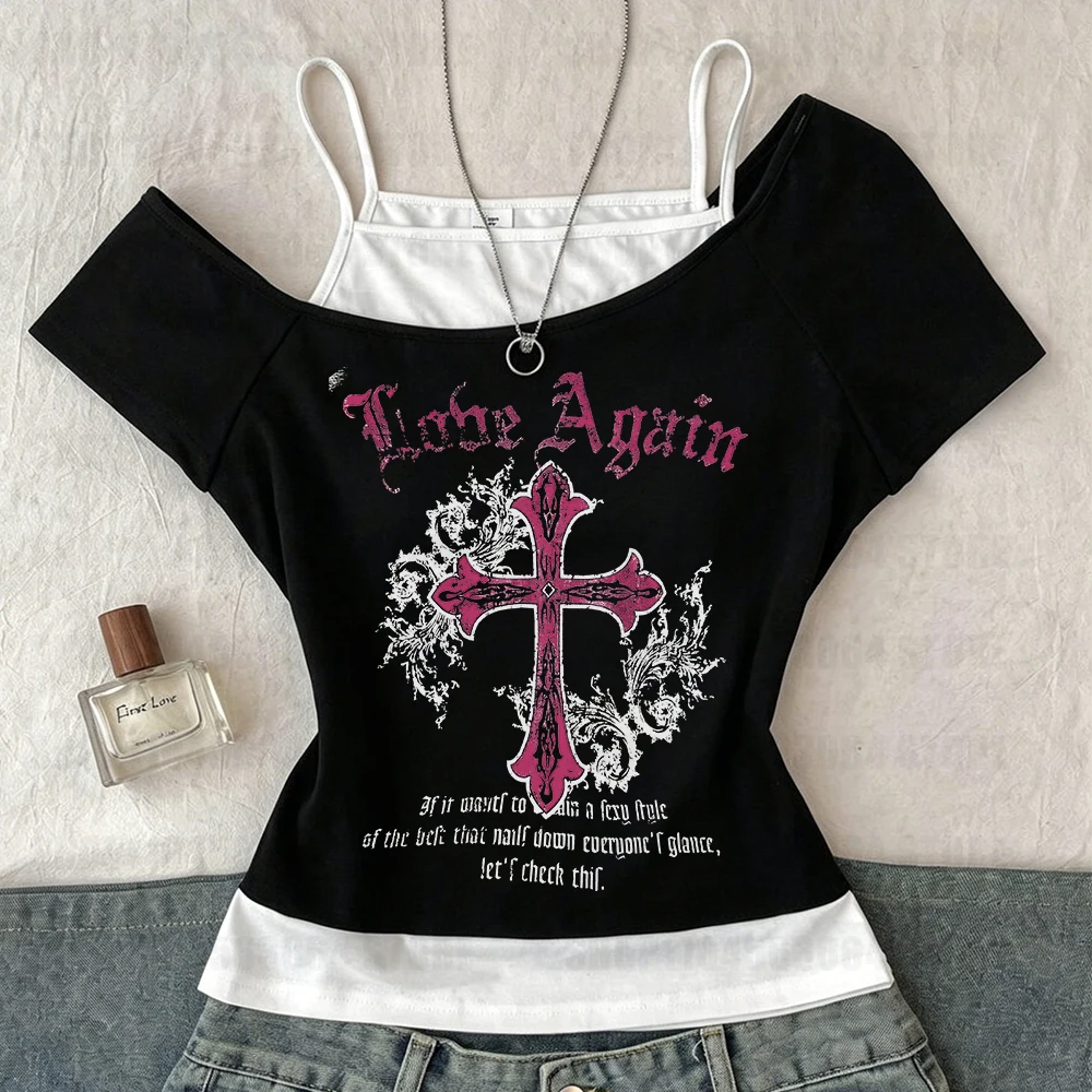 Women's summer vacation two slim fit T-shirts, cross rock subculture Gothic print short sleeved black T-shirt