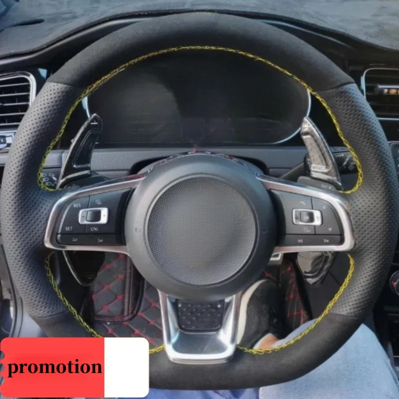 

Custom Hand-stitched Black Anti-slip Genuine Suede Leather Steering Wheel Cover For Volkswagen GOLF GTI R GTD GTE MK7 7 POLO GTI