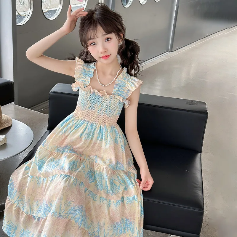 2024 Summer kid lace sleeveless Girls Long Teenager suspender square colorful layered princess slip dress 5 7 6 8 10 12  Years