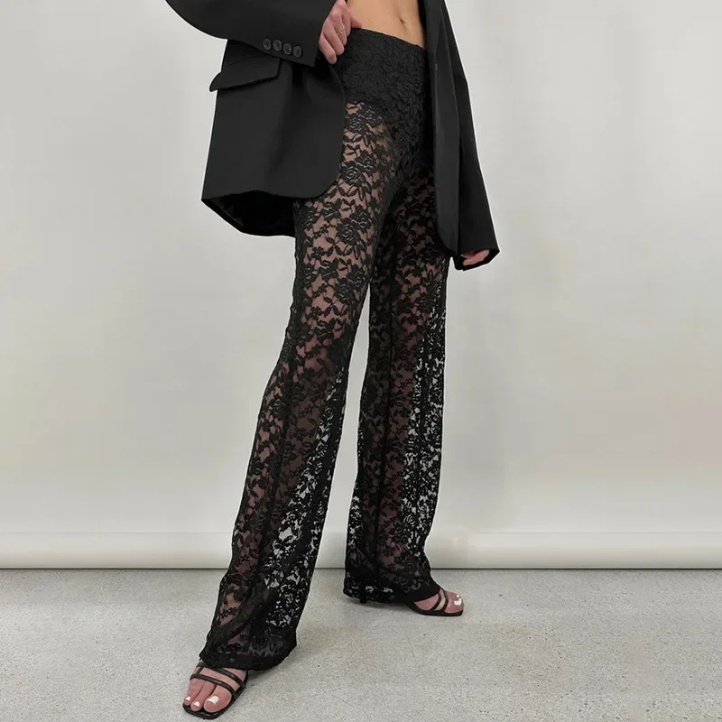 

Sexy See Through Lace Women Pant White Hollow Out High Waist Two Piece Sets Female Summer Casual Outside Streetwear 2023