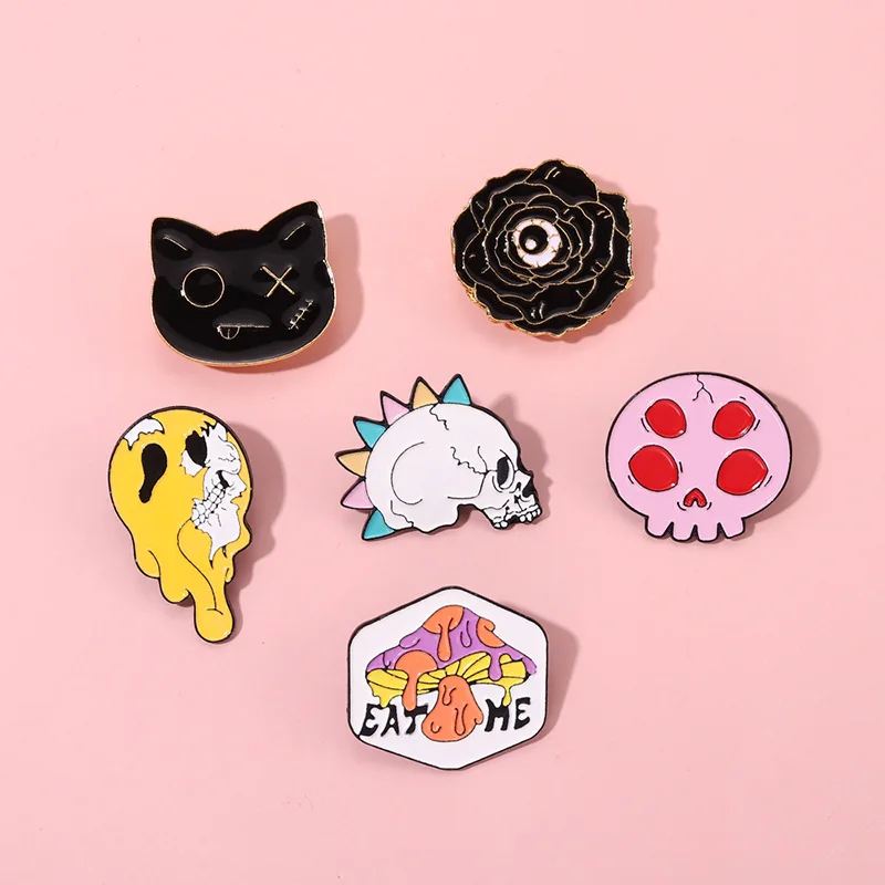 Punk Styles Enamel Pins Custom Hiphop Black Cat Rose Mushrose Skull Brooches Lapel Badges Gothic Jewelry Gift for Kids Friends