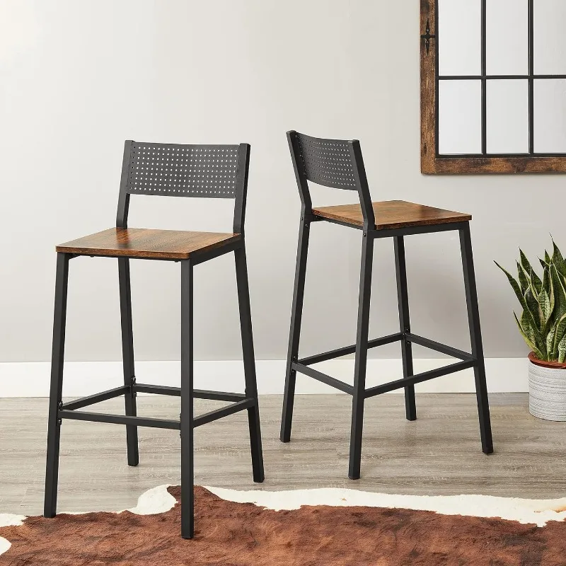 Set of 2 Bar Chairs, Tall Bar Stools with Backrest, Industrial in Party Room, Rustic Brown and Black