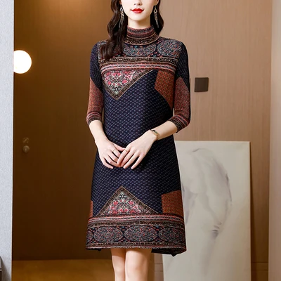 

Japanese Sle Pleated Dr Loose Fit Floral Print 3/4 Sve A-Line Skirt Faionable Spring Autumn New Arrival