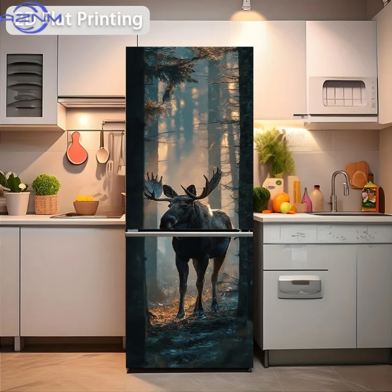 [Printing] Refrigerator Sticker [60×180 Cm] Moose in Morning Mist Forest Wall Sticker Decoration Wallpaper Self-Adhesive Self-