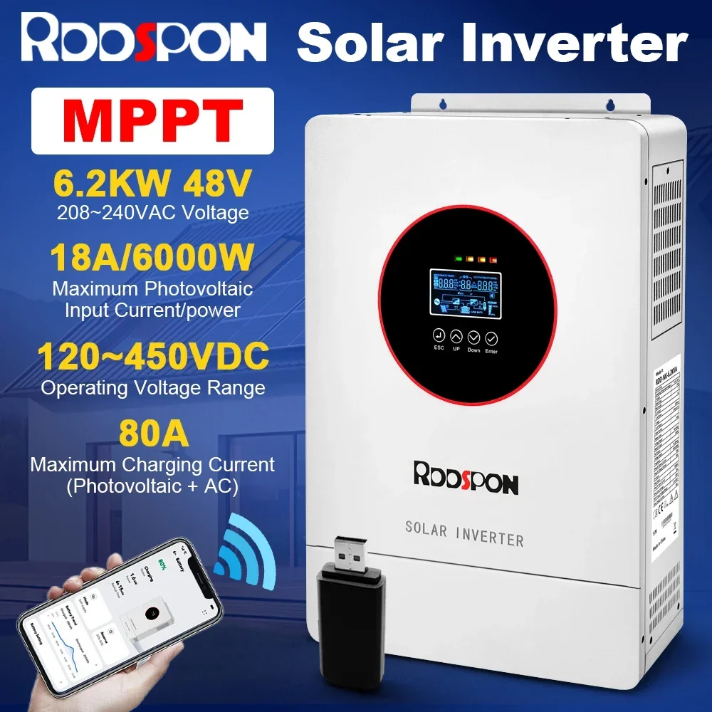 4.2KW 6.2KW Hybrid Solar Inverter 24V 48V 220V Photovoltaic Inverter Pure Sine On Grid With 80/100A MPPT Solar Charge Controller