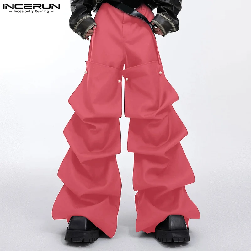 

INCERUN Men Irregular Pants Solid Color Loose Joggers Button Casual Straight Trousers Men Streetwear 2024 Fashion Long Pants