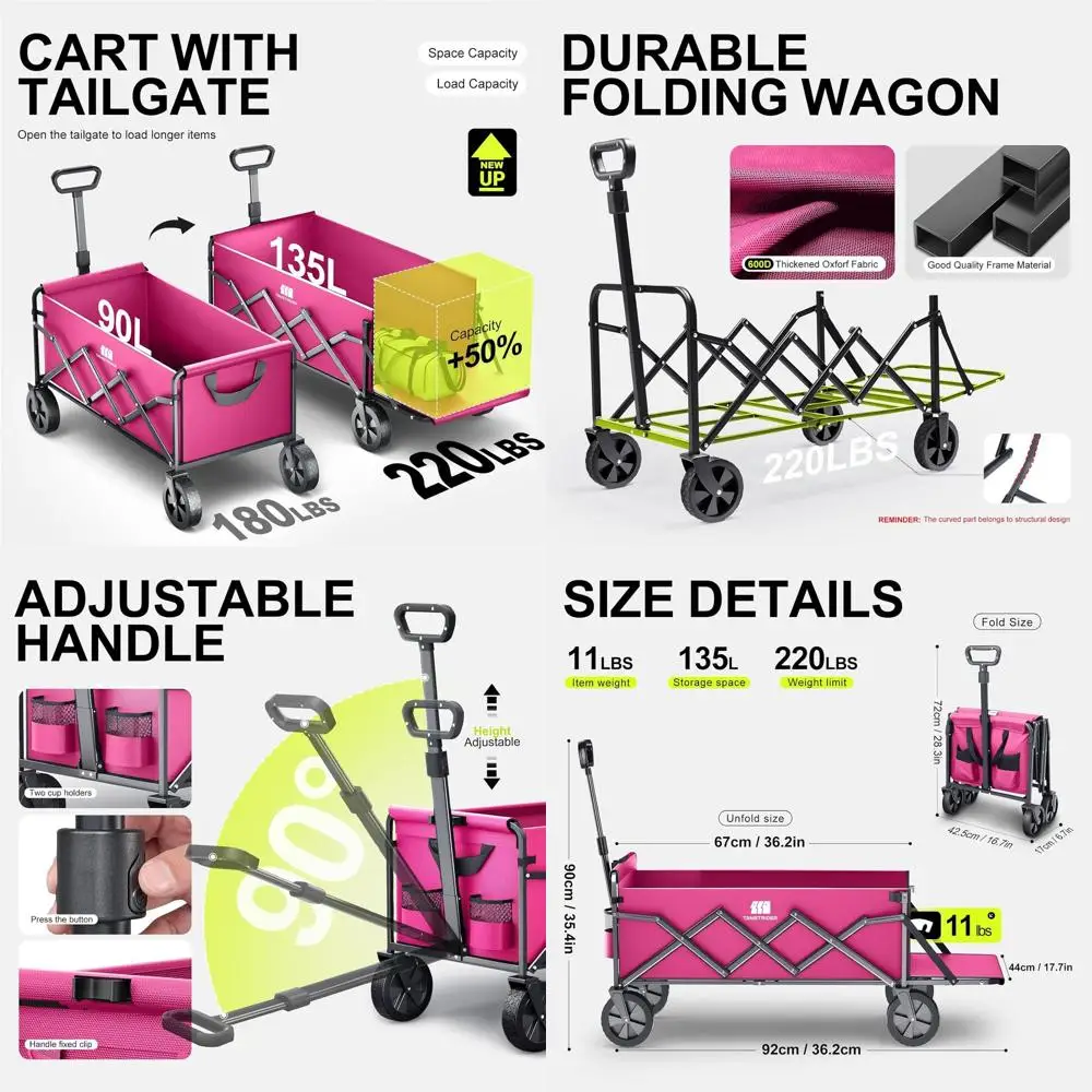 

Folding Heavy-Duty Utility Wagon for Outdoors, Shopping, and Gardening in Pink