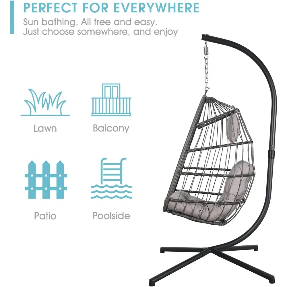 Indoor Outdoor Egg Swing Chair with Stand,Patio Grey Wicker Rattan with Rope Back,All Weather Foldable Hammock Chair(Light Grey)