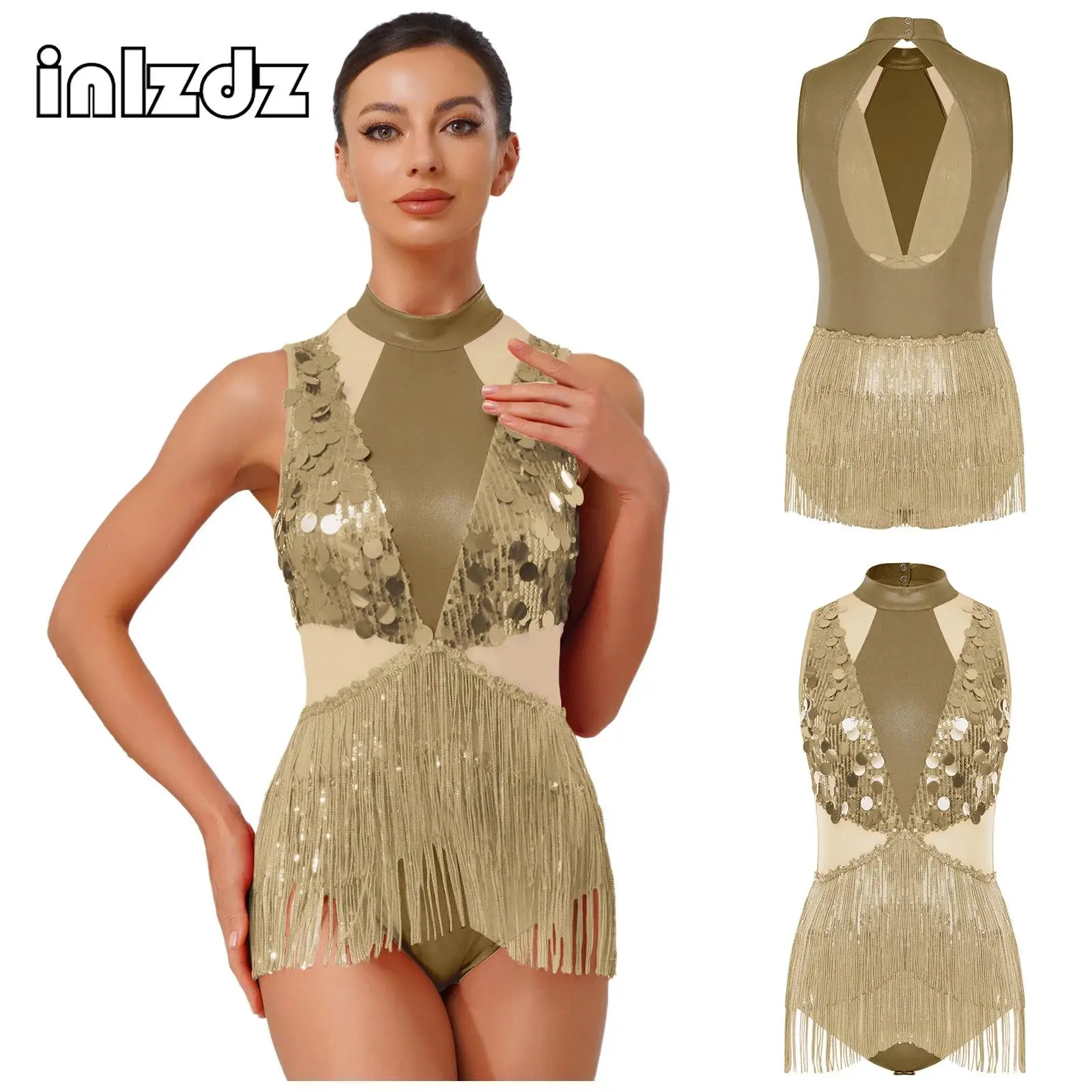 

Womens Latin Cha-cha Samba Tango Dance Leotard Shiny Sequin Tassel Sleeveless Back Cutout Bodysuit for Jazz Figure Skating Shows