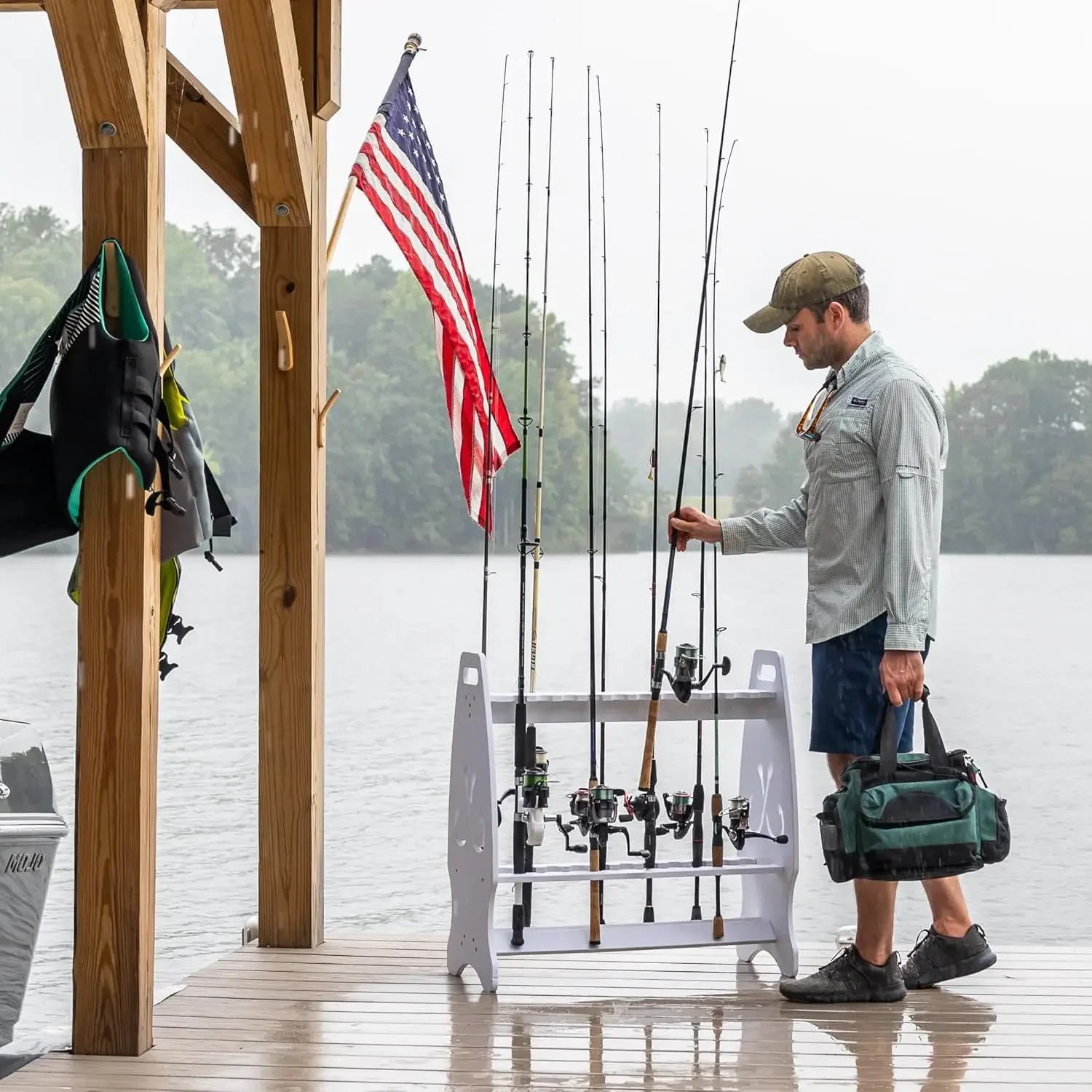 Rod Storage Rack, Holds 24 Fishing Rods and Reels, Weatherproof, Indoor and Outdoor Storage Stand