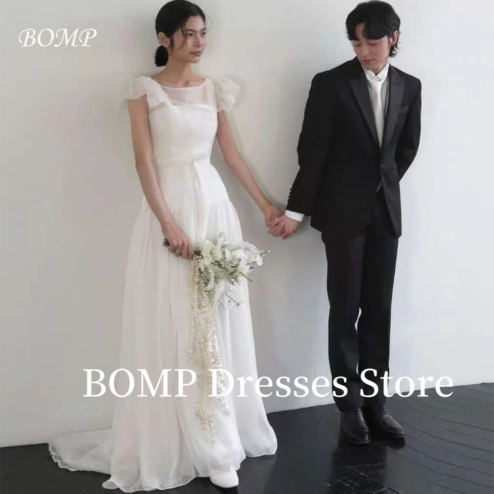 

BOMP Fairy Wedding Party Dress A-Line Sweep Train Draped Short Sleeve Organza Sweetheart Korea Bridal Gown Photo Shoot Customize