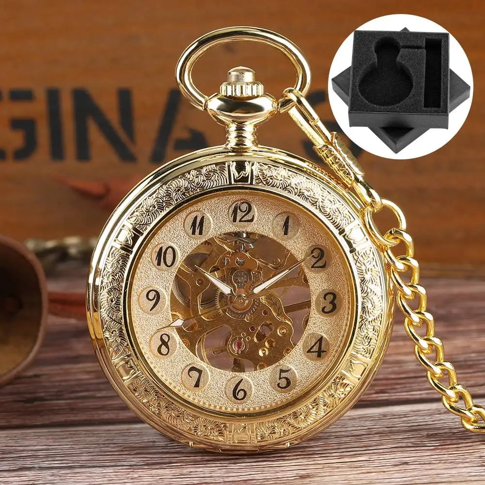 Arabic Numerals Dial Gold Mechanical Hand-Wind Pocket Watch Transparent Glass FOB Chain Pendant Clock Men's Retro Timepiece Gift
