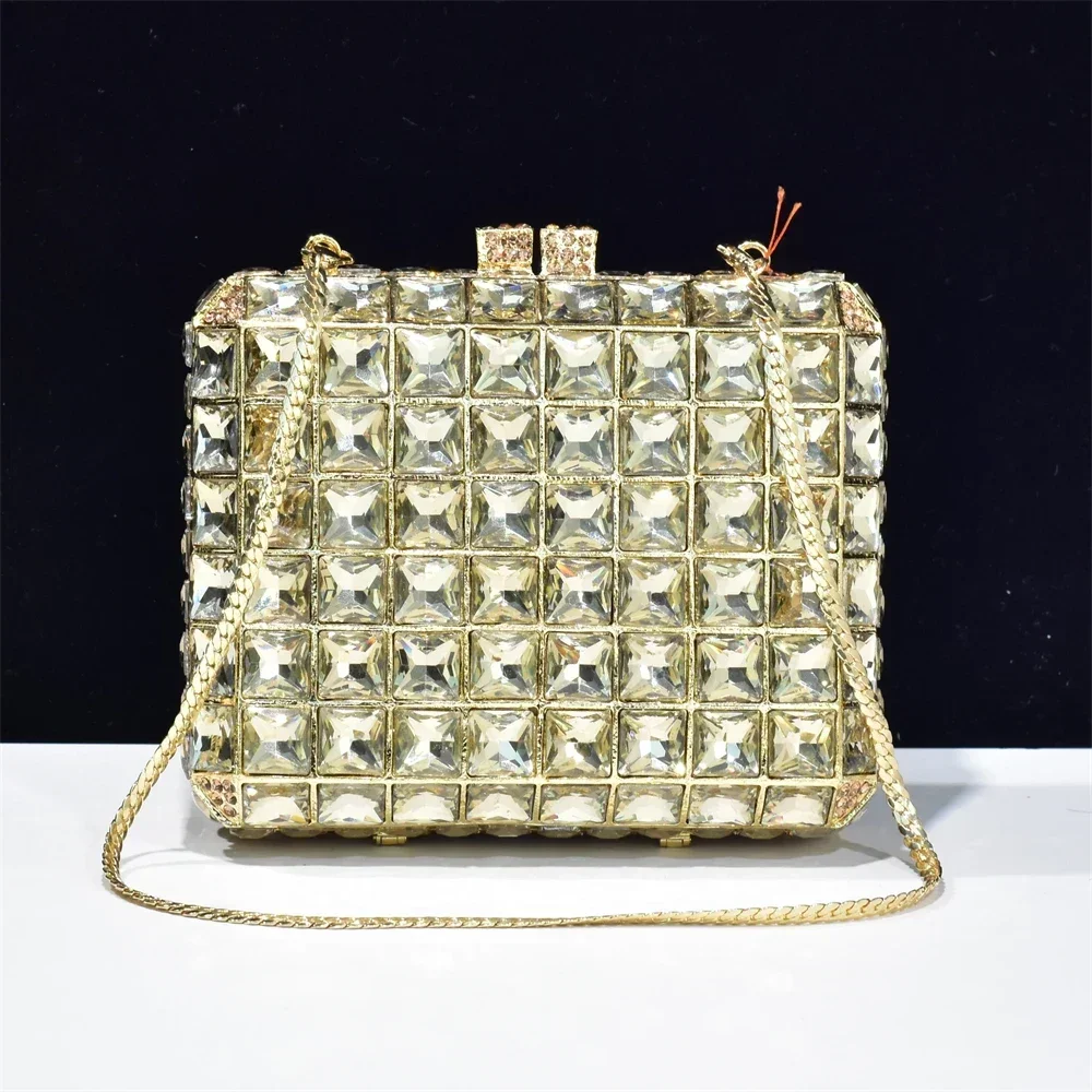 2024 Luxury Women's Golden Wallet Square Rhinestone Handbag Diamond Glass Clutch Wedding Party Christmas Gift Evening Bags