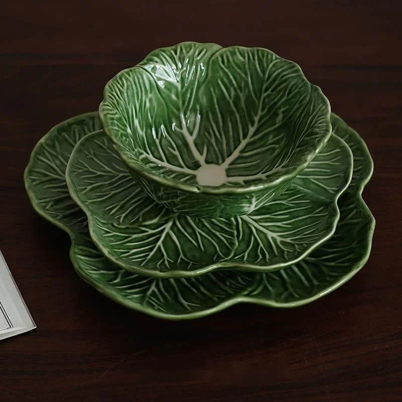 Green Leafy Vegetable Shaped Ceramic Plate, Relief High-temperature Household Tableware, INS Afternoon Teapot, European Style