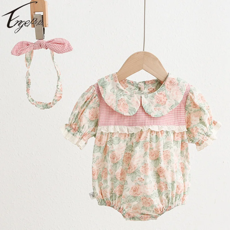 Korean Style Baby Girls Floral Rompers Jumpsuit Bodysuit Toddler Girls Short Sleeves Rompers+Hair Band SummerRompers Clothes