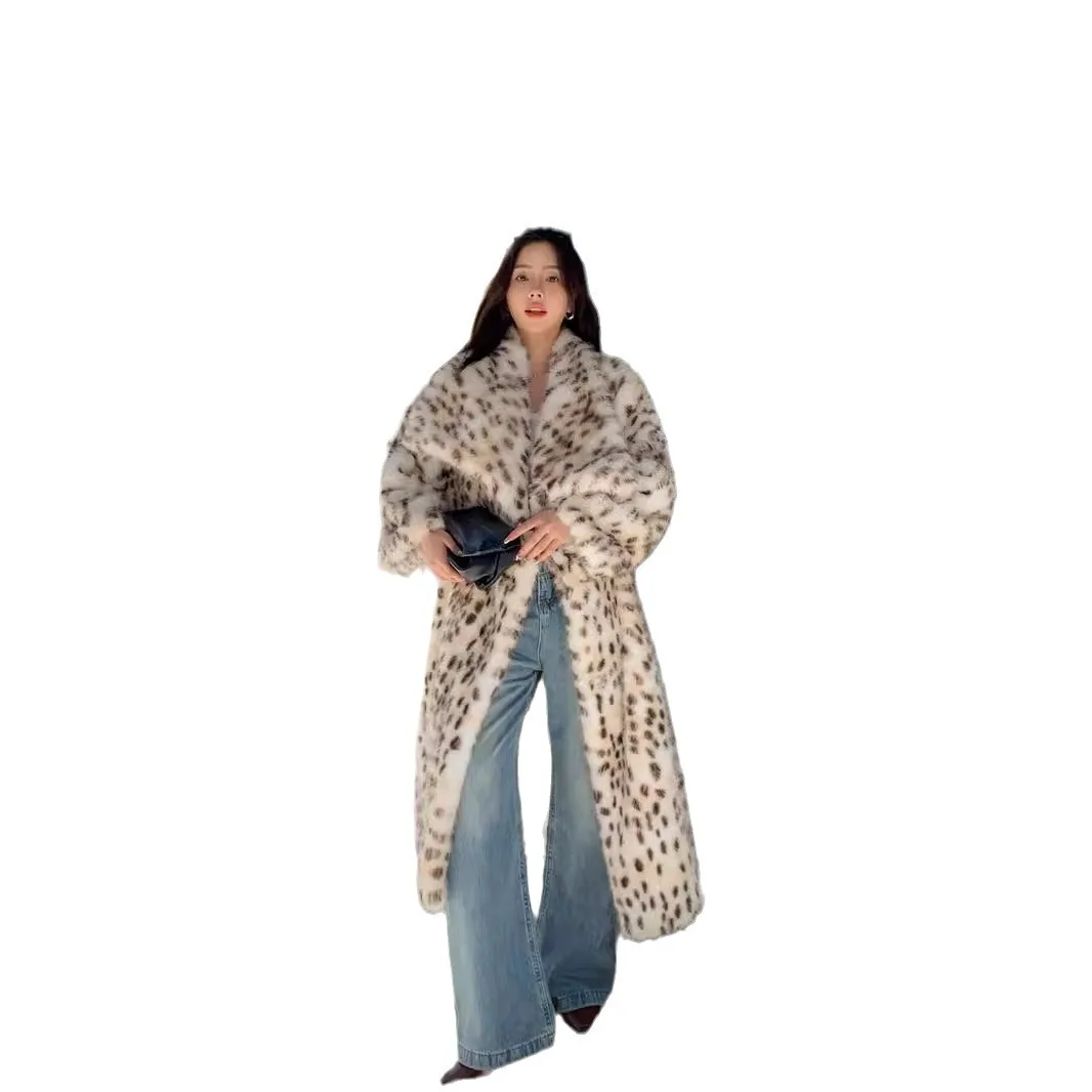 Women Faux Fox Fur Long Coats Leopard Print Thick Warm Coat Turn Down Collar Jackets Y2k Streetwear Outerwear Autumn Winter